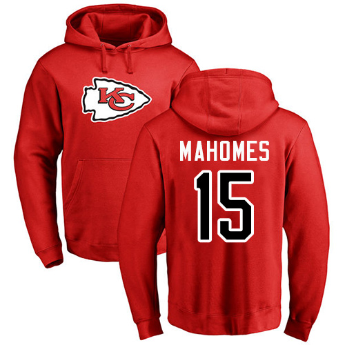 Men Kansas City Chiefs 15 Mahomes Patrick Red Name and Number Logo Pullover Hoodie